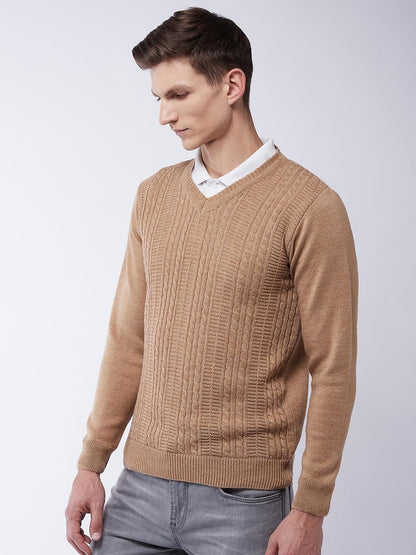 Men's V Neck Full Sleeves Solid Beige Sweater - Warmth and Style for The Winter Season