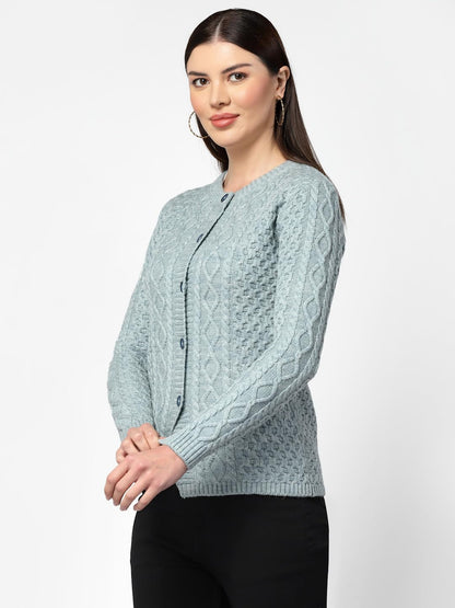 Women's Woolen Acrylic Full Sleeve Round Neck Cable Design Light Denim Cardigan -  Stylish Woolen Winter Sweater