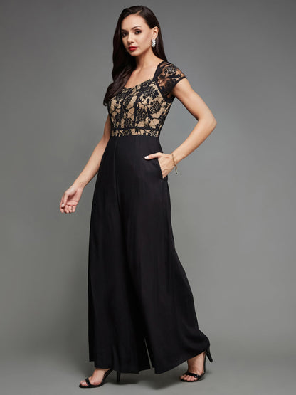 Miss Chase Women's Sweetheart Neck Raglan Sleeve Floral Lace Overlaid Viscose-Rayon Regular Length Jumpsuit (MCSS23D15-69-62-04, Black)