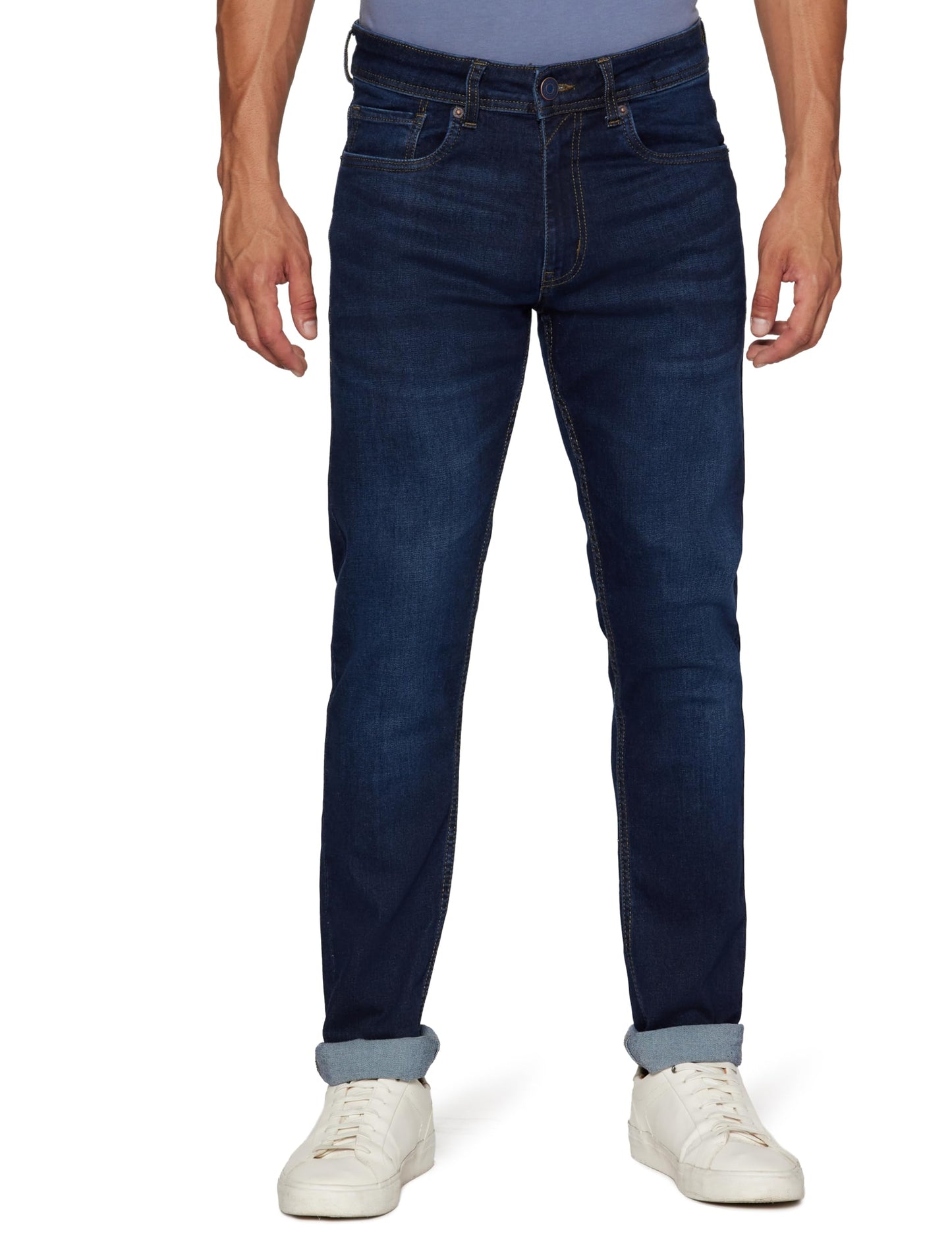 Peter England Men's Classic Tapered Stretchable Mid Rise Twill Jeans Dark Blue