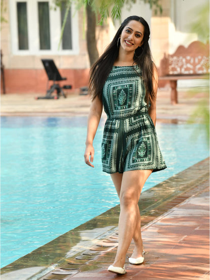 Women Floral Printed Rayon Jumpsuit - Relaxed Fit, Waist Tie & Comfortable Short Sleeves