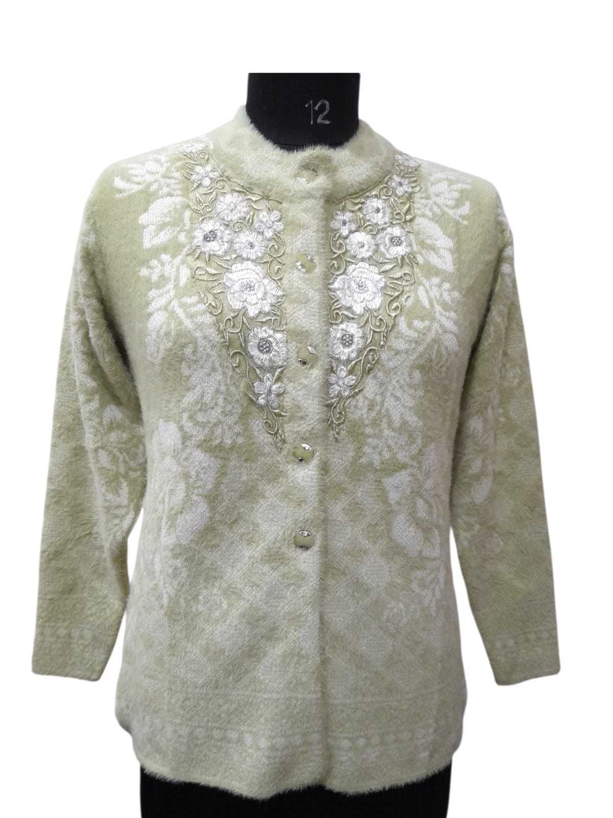 Women's Woolen Sweater for Winter, Stylish Round Neck Cardigan Sweater, Pure Wool Sweater Fully Warm with Front Buttoned Cardigan Light Green