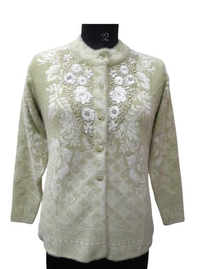 Women's Woolen Sweater for Winter, Stylish Round Neck Cardigan Sweater, Pure Wool Sweater Fully Warm with Front Buttoned Cardigan Light Green