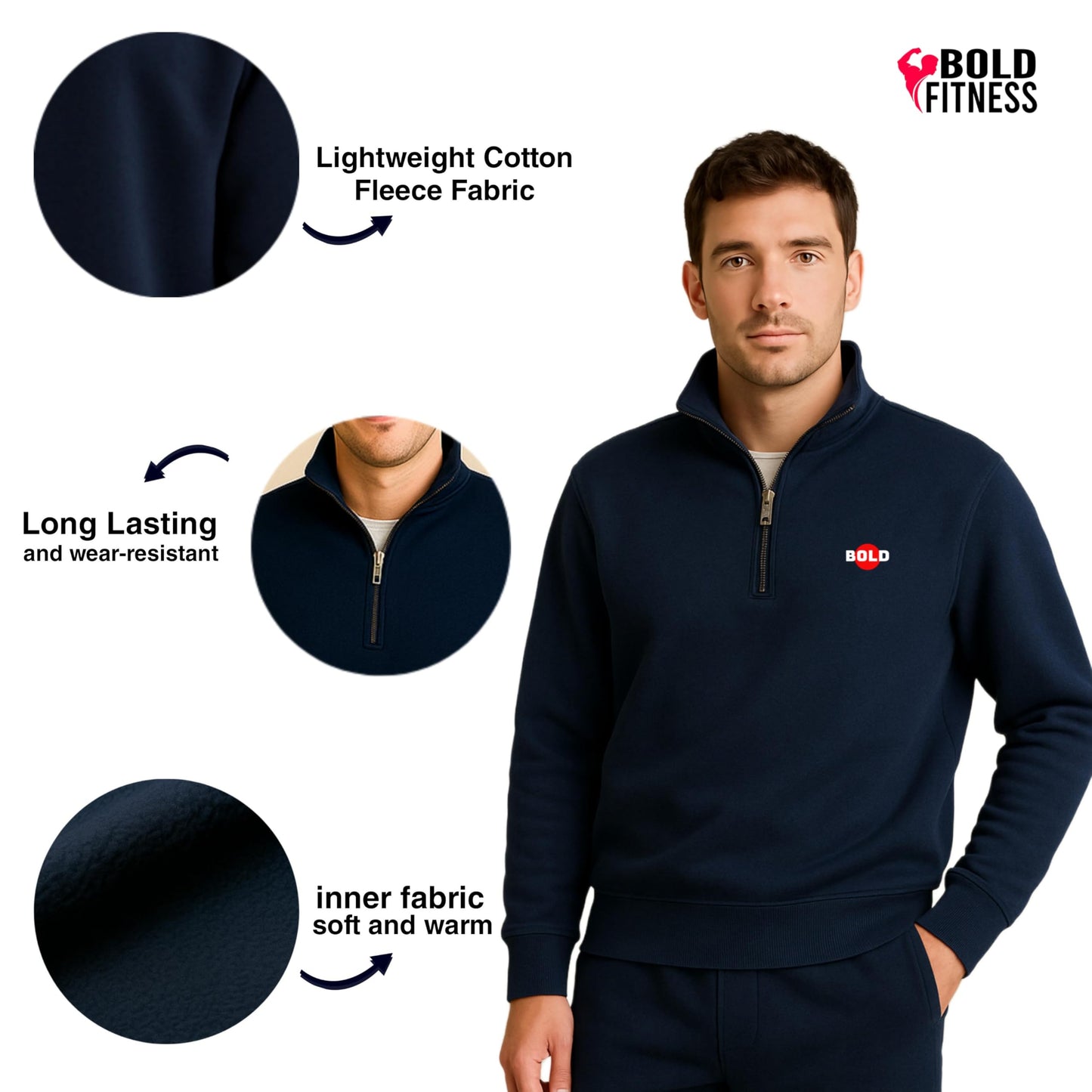 Men’s Half-Zip Fleece Navy Blue Sweatshirt - Stylish, Breathable Pullover Full Sleeve Winter Wear
