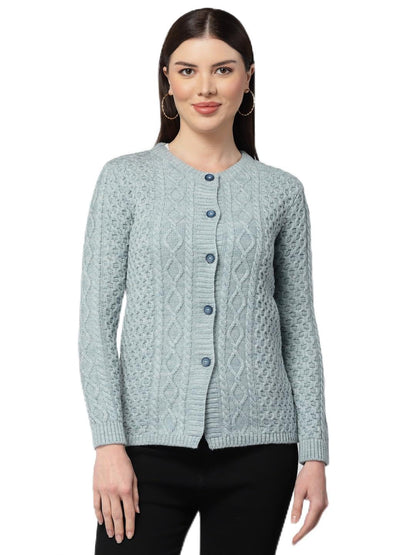 Women's Woolen Acrylic Full Sleeve Round Neck Cable Design Light Denim Cardigan -  Stylish Woolen Winter Sweater