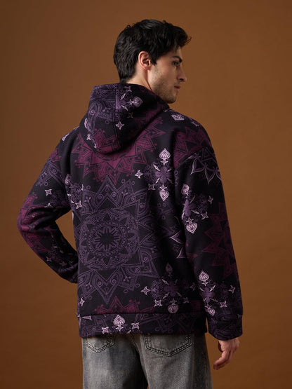 Men's Oversized Mandala Art Jacket - Full Sleeves Hooded Neck Dark Purple Embroidered Ethnic Print Polar Fleece Oversized Fit Lightweight Casual Jacket