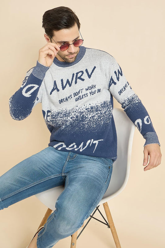 Men's Round Neck Full Sleeve Woolen Knitted Pullover Blue and White Sweater - Stylish Casual Winter Wear