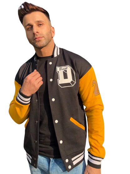 Men's Fleece Standard Length Varsity Black and Yellow Typography Jacket - Stylish Casual Streetstyle Winterwear