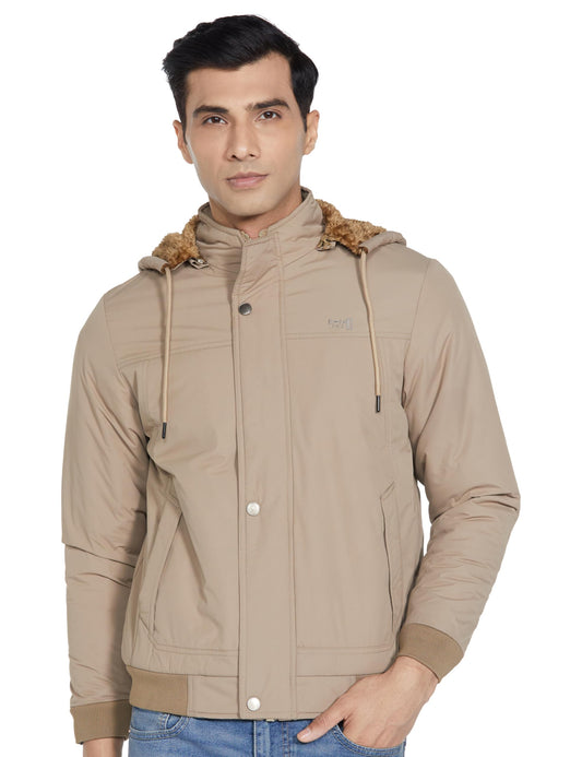 Men's Quilted Bomber Camel Coloured Jacket with Inner Fur & Detachable Hood – Warm Insulated Winter Outerwear | Winter Jacket
