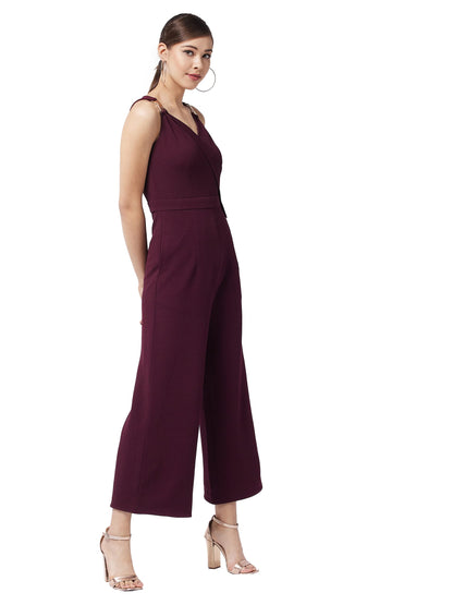 Miss Chase Women's Wine V-Neck Sleeveless Solid Wrap Regular Jumpsuit (MCAW19D08-48-184-04, Wine)
