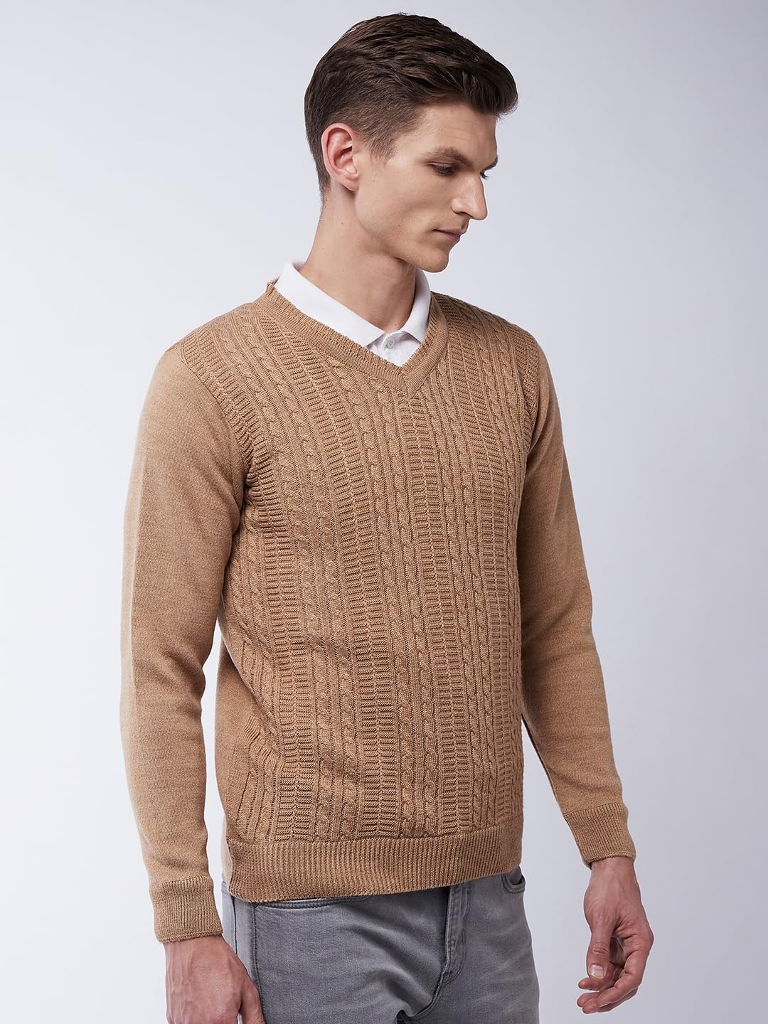 Men's V Neck Full Sleeves Solid Beige Sweater - Warmth and Style for The Winter Season