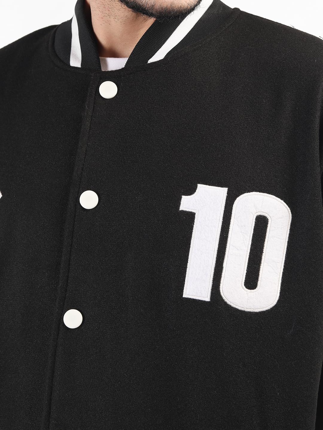 Men’s Oversized Varsity Jacket with Snap Button Closure and Patch Design Trendy Comfortable Outerwear for College Travel and Casual Wear Black & White