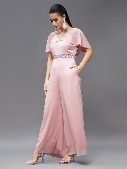 Miss Chase Women's Georgette V-Neck Cape Solid Layered Regular Jumpsuit (MCSS23D15-61-157-04, Light Pink)