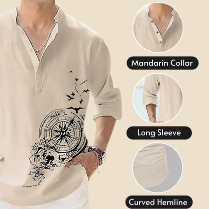 DEELMO Men's Cotton Blend Mandarin Collar Regular Fit Full Sleeve Casual Short Kurta, Beige