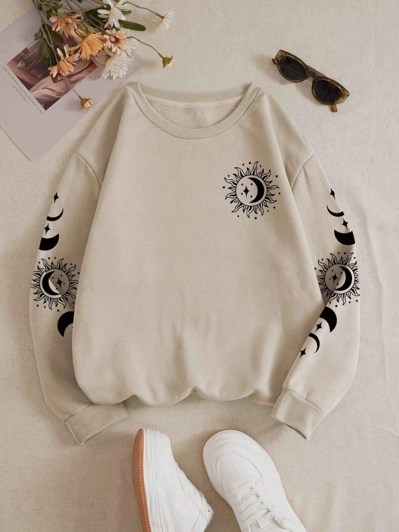 Women's Comfort Fit Sun & Moon Print Beige Sweatshirt - Stylish Casual Winter Wear