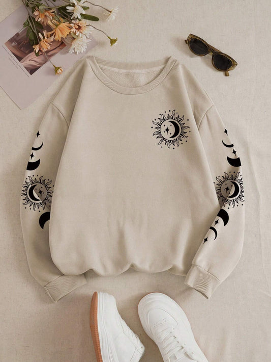 Women's Comfort Fit Sun & Moon Print Beige Sweatshirt - Stylish Casual Winter Wear