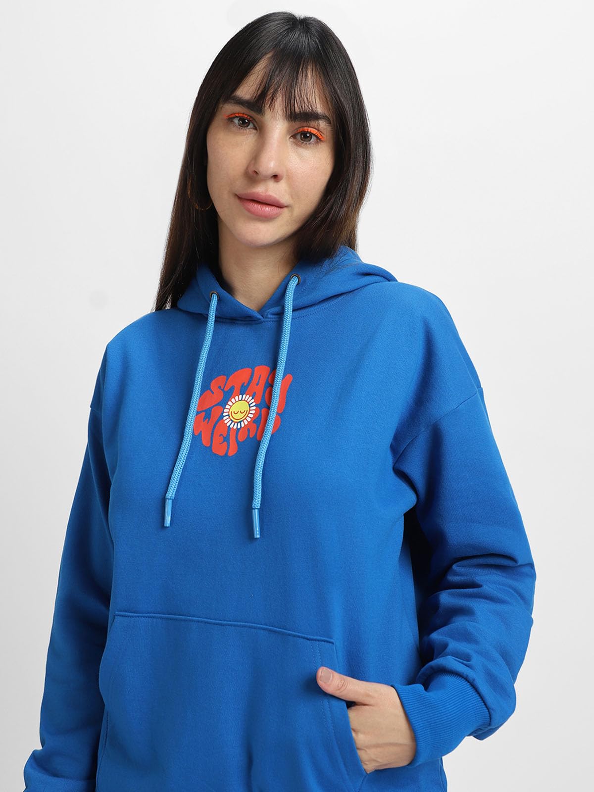 JUNEBERRY® Cotton Polly Fleece Oversized Fit Blue Graphic Hoodie for Women