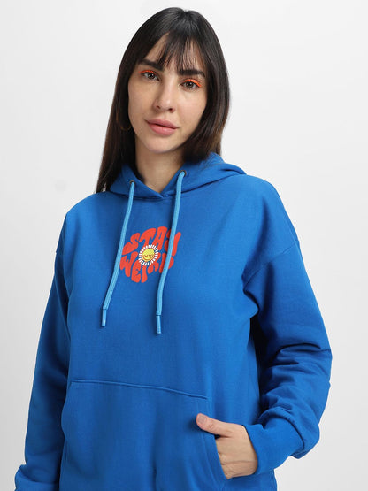 JUNEBERRY® Cotton Polly Fleece Oversized Fit Blue Graphic Hoodie for Women