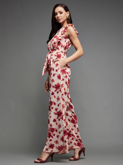 Miss Chase Women's Round Neck Sleeveless Floral Wide Leg Regular Jumpsuit with Pockets (MCAW21D04-90-233-04, Multicolored-Base-Light Pink)