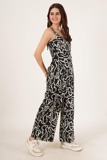 Womens Jaipuri Cotton Abstract Printed Sleeveless Culotte Jumpsuit For Women (Urban Swirl)