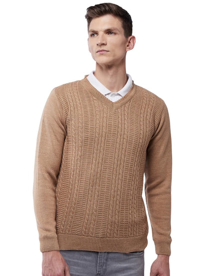 Men's V Neck Full Sleeves Solid Beige Sweater - Warmth and Style for The Winter Season