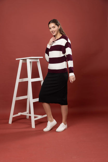Women's 100% Wool Color Block Stripe Full Sleeve Round Neck Pullover Sweater for Winter Season