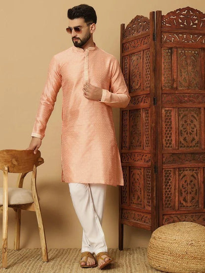 Men's Jacquard Solid Beige Kurta Pyajama Set