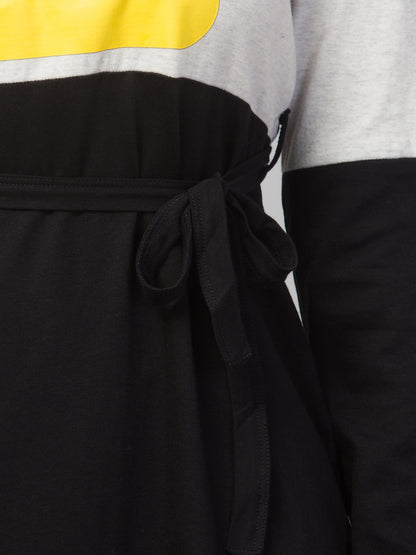 Women’s Cotton Black & White Graphic Print Full Sleeve Short T-Shirt Dress – Casual Streetwear