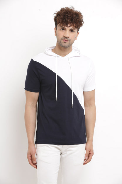 Men’s Navy Blue & White Cotton Colourblocked Hooded T-Shirt – Casual Streetwear Essential