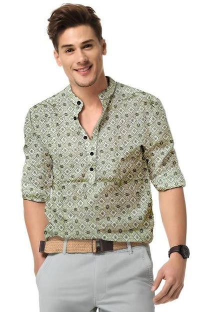 Men’s Green Printed Cotton Shirt – Full Sleeves, Mandarin Spread Collar, Casual & Festive Wear