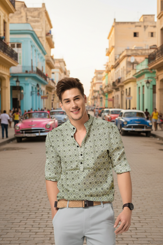Men’s Green Printed Cotton Shirt – Full Sleeves, Mandarin Spread Collar, Casual & Festive Wear