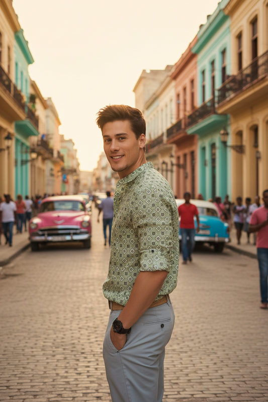 Men’s Green Printed Cotton Shirt – Full Sleeves, Mandarin Spread Collar, Casual & Festive Wear