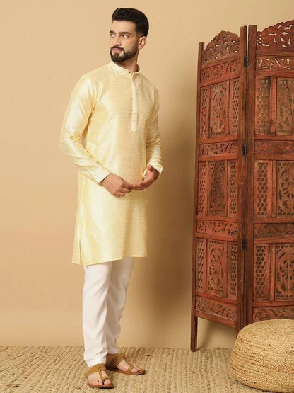 Men's Jacquard Yellow Solid Kurta Pyjama Set