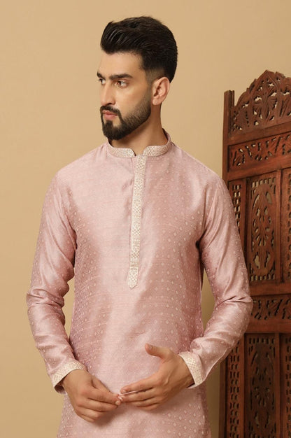 Men's Jacquard Pink Solid Kurta Pyajama Set