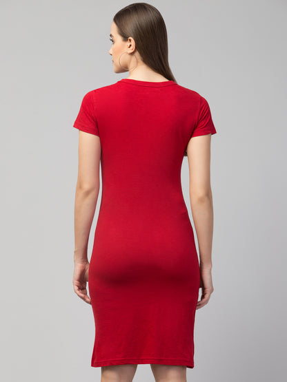 Women's Cotton Red Graphic Print Short Sleeves T-Shirt Dress
