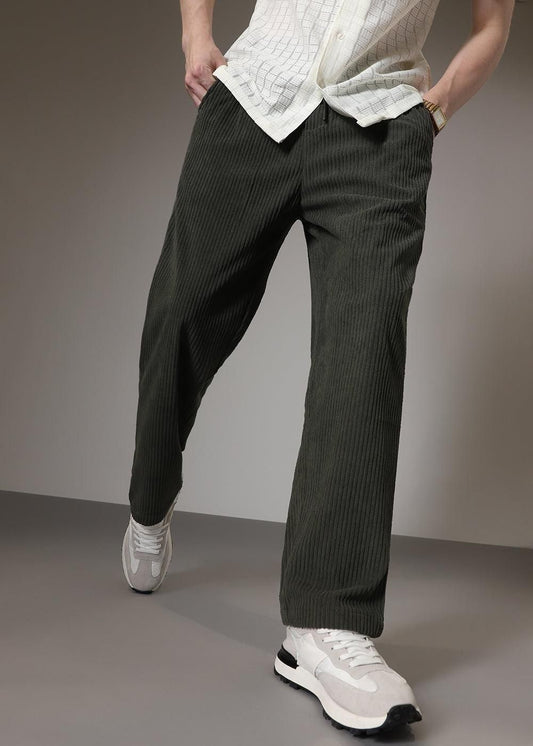 Men’s Olive Green Corduroy Casual Trousers – Solid Ribbed Pants for Streetwear & Everyday Wear