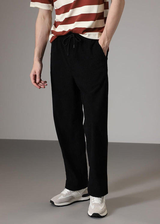 Men’s Black Corduroy Casual Trousers – Solid Ribbed Pants for Streetwear & Everyday Comfort