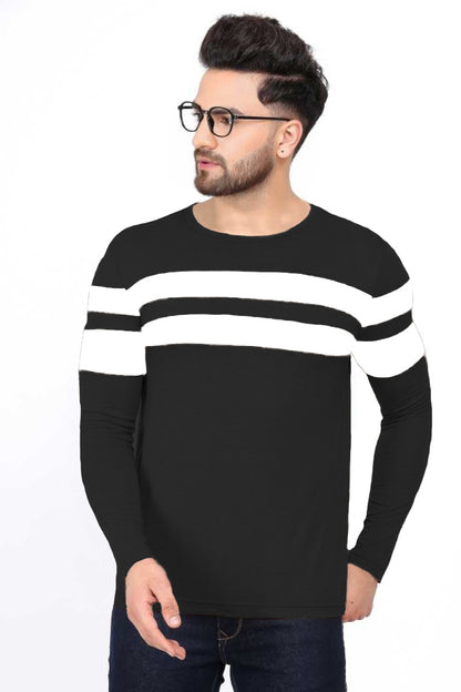 Men’s Black Cotton Blend Full Sleeves T-Shirt with White Stripes – Casual & Streetwear Essentialirt
