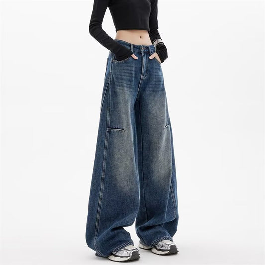 American Fashion Wide-Leg Denim Pants for Women, Loose Fit, Slimming, Floor-Length, Trendy Jeans