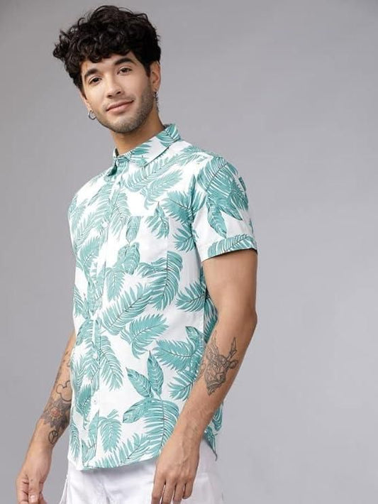 Men’s White & Light Green Cotton Printed Casual Shirt – Half Sleeves, Regular Collar, Stylish Daily Wear Shirt