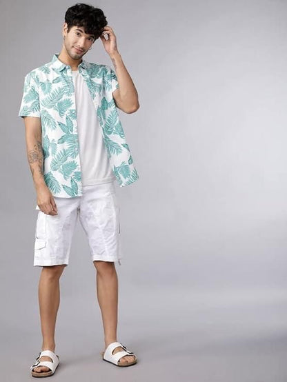 Men’s White & Light Green Cotton Printed Casual Shirt – Half Sleeves, Regular Collar, Stylish Daily Wear Shirt