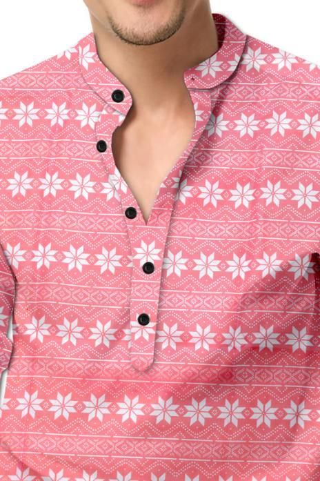 Men’s Pink Printed Cotton Casual Shirt – Mandarin Spread Collar Full Sleeve Festive & Daily Wear
