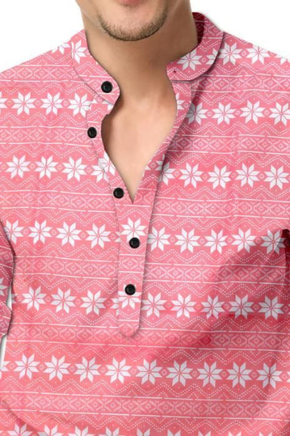 Men’s Pink Printed Cotton Casual Shirt – Mandarin Spread Collar Full Sleeve Festive & Daily Wear