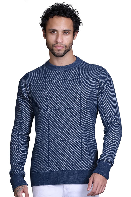 Men's Round Neck Full Sleeves Woolen Knitted Pullover Airforce Blue Sweaters - Bold Stylish Winter Wear