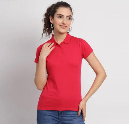 Women Ketex Red Cotton Blend Polo Neck T-Shirt