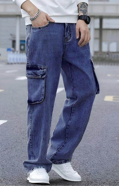 Ben Martin Men's High Rise Stretchable Baggy Loose Fit Oversized Wide Leg Box Roomy Pocket Casual Regular Wear Denim Dark Blue Cargo Jeans