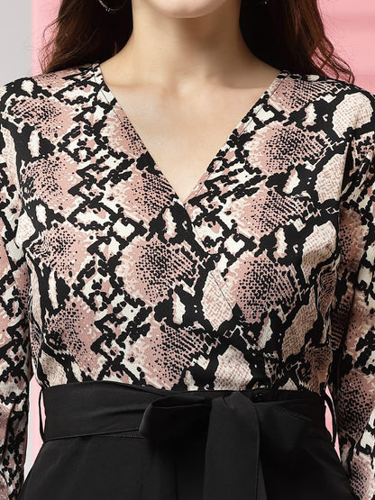 LONDON BELLY Women dress | jumpsuit | jumpsuits for women stylish | snake print V-neckline maxi jumpsuit black long sleeve top high-waisted pants stylish comfortable casual formal elegant outfit