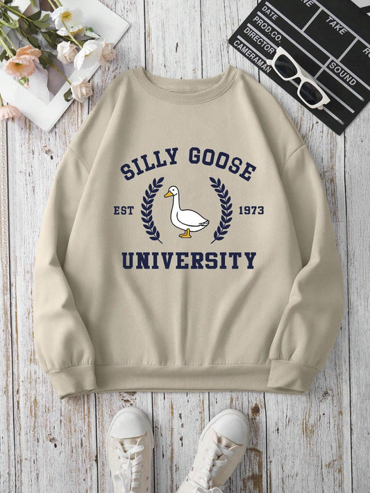 Women's Fleece Round Neck Regular Fit Beige Sweatshirt - Casual Streetwear Style