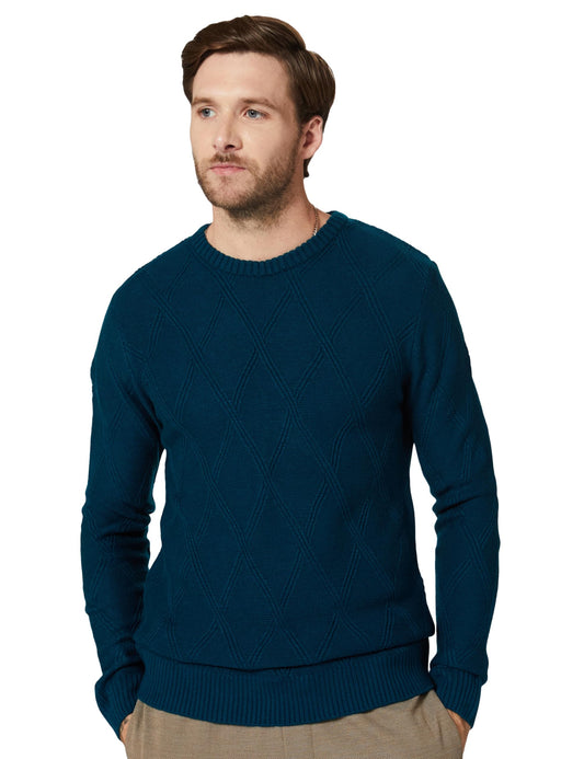 Men's Acrylic Round Neck Full Sleeves Navy Diamond Sweater - Stylish Urban Dressy Warm Winter Wear
