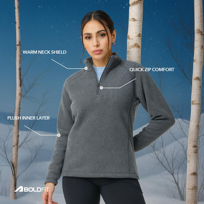 Women Half Zipper Top Grey Sweatshirt | Heavy Fleece Sweatshirt | Natural Insulation Winter Wear | Anti Pilling Pullover
